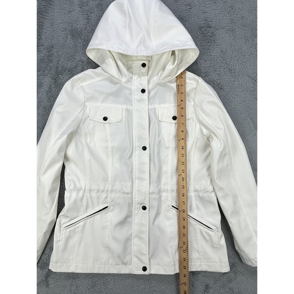Guess Coat Rain Jacket Women Large Ivory Hooded‎ Pockets Sleek NWOT - Picture 2 of 13